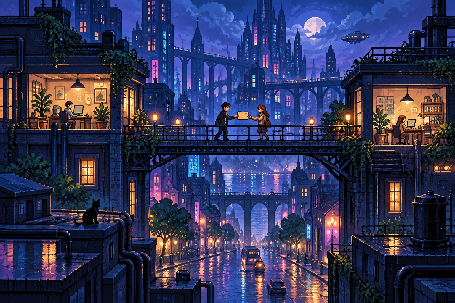 Illustrated city with two people connecting across a bridge between workspaces