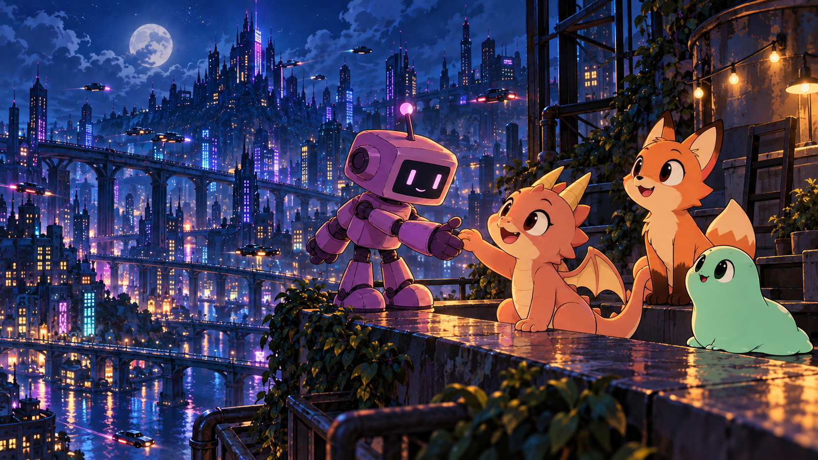 Byte, Ember, Scout and Bloop team up on a rooftop above a glowing night city.