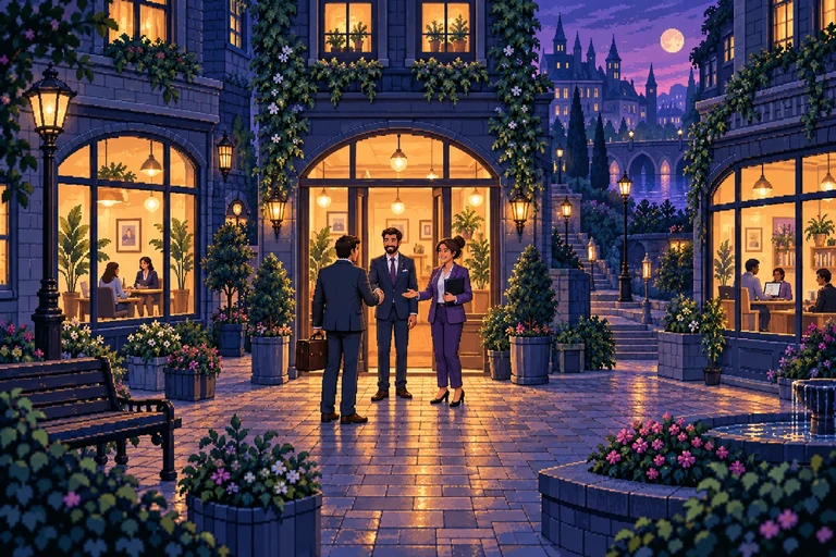 Pixel-art neighbourhood with an employer meeting agency professionals outside their studios